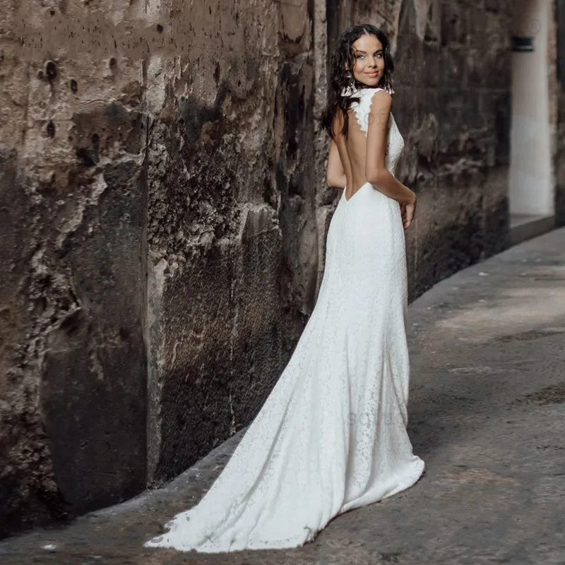 

Simple Backless Sexy Sheath V Neck Lace Dress for Wedding Party Boho Dubai Arabic Bridal Gown Vestidos De Fiesta De Noche
