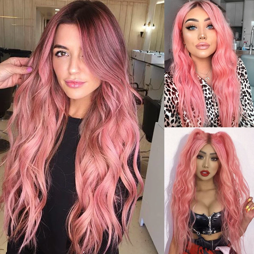 

HOUYAN Long wavy female Brazilian hair pink golden cosplay wig colorful fiber synthetic wig high temperature