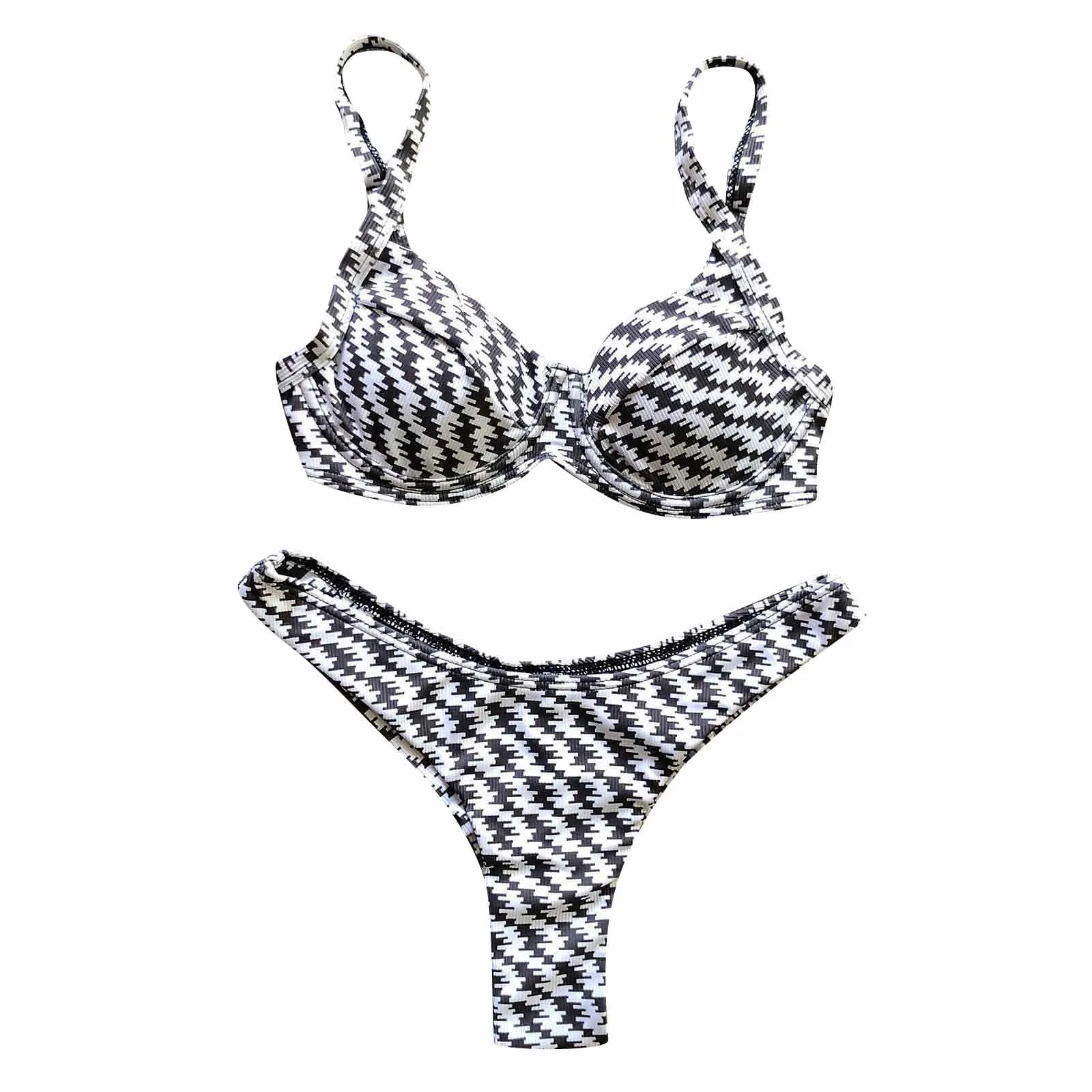 Женский модный сексуальный купальник в клетку бикини с лямкой на шее и разрезом