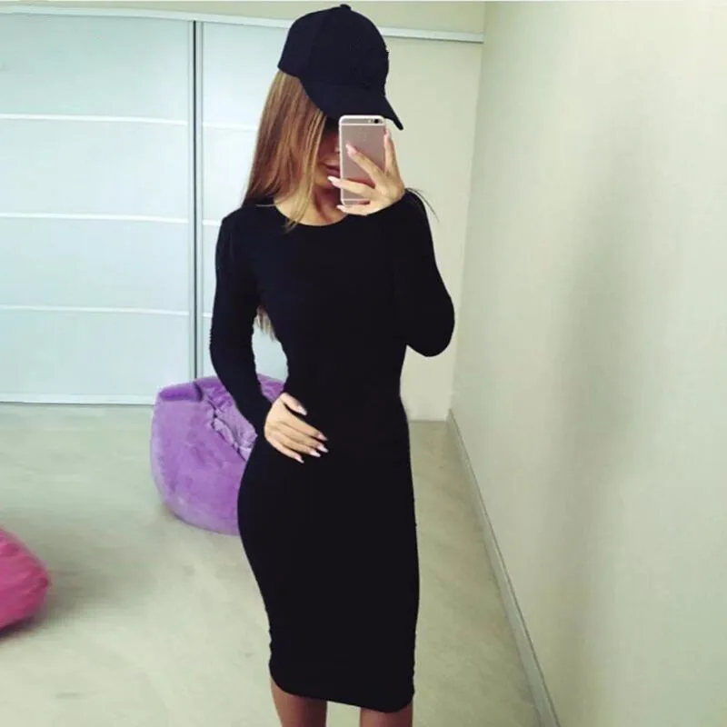 

Women's Casual Basic Autumn Winter Solid Black Bodycon long sleeve Club Dress drop shipping