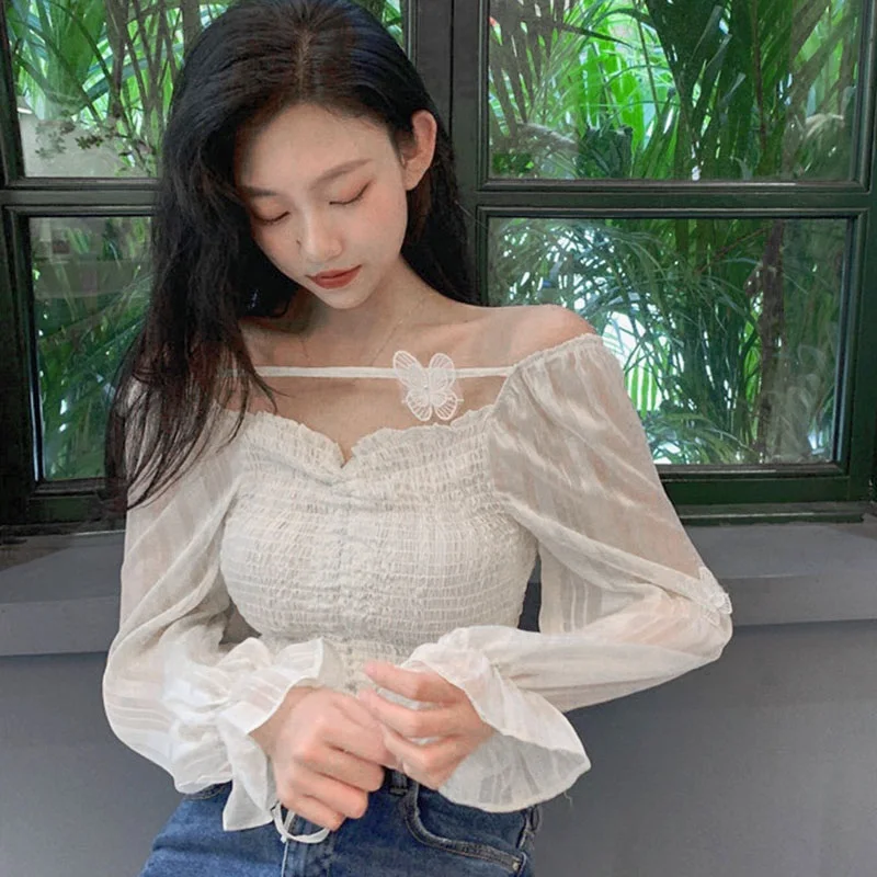 

Women Tops Chiffon Shirt Butterfly Appliques Sexy Corset Exposed Navel Tops V Neck Long Sleeves Flare Sleeve Blouses Solid