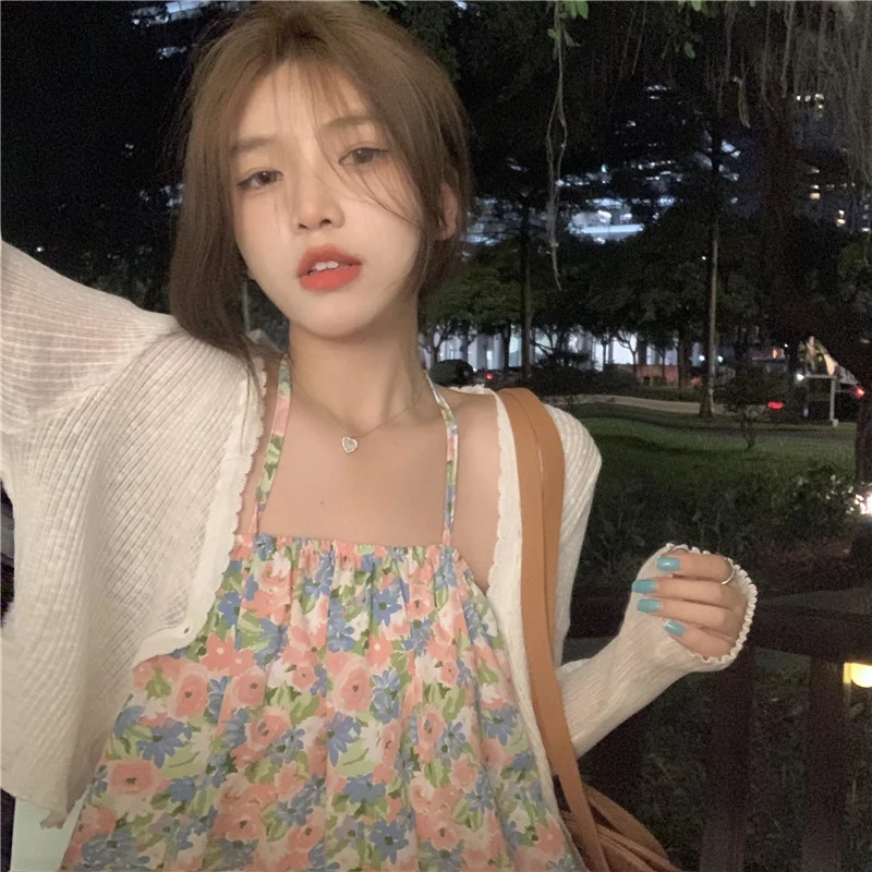Summer Phuket Pure Sling Wind Spice Girl Sweet Broken Flower Hanging Neck Belly Pocket Versatile Cardigan | Женская одежда
