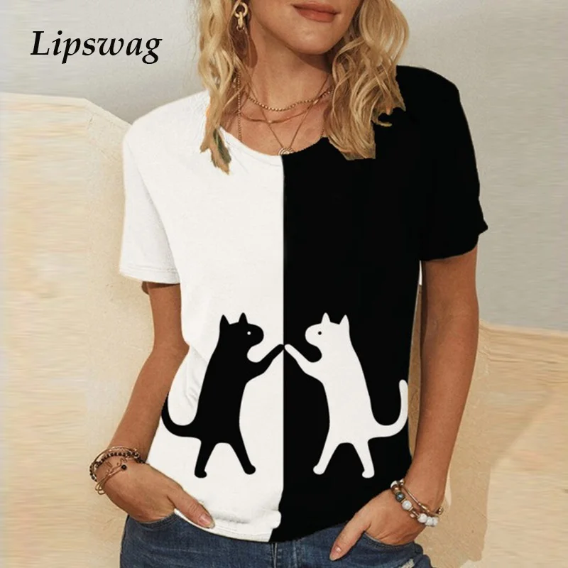 

2021 Summer Short Sleeve Harajuku Shirt Fashion Vintage Cat Letter Print Blouse Casual O-Neck Women Loose Tops Blusas Streetwear
