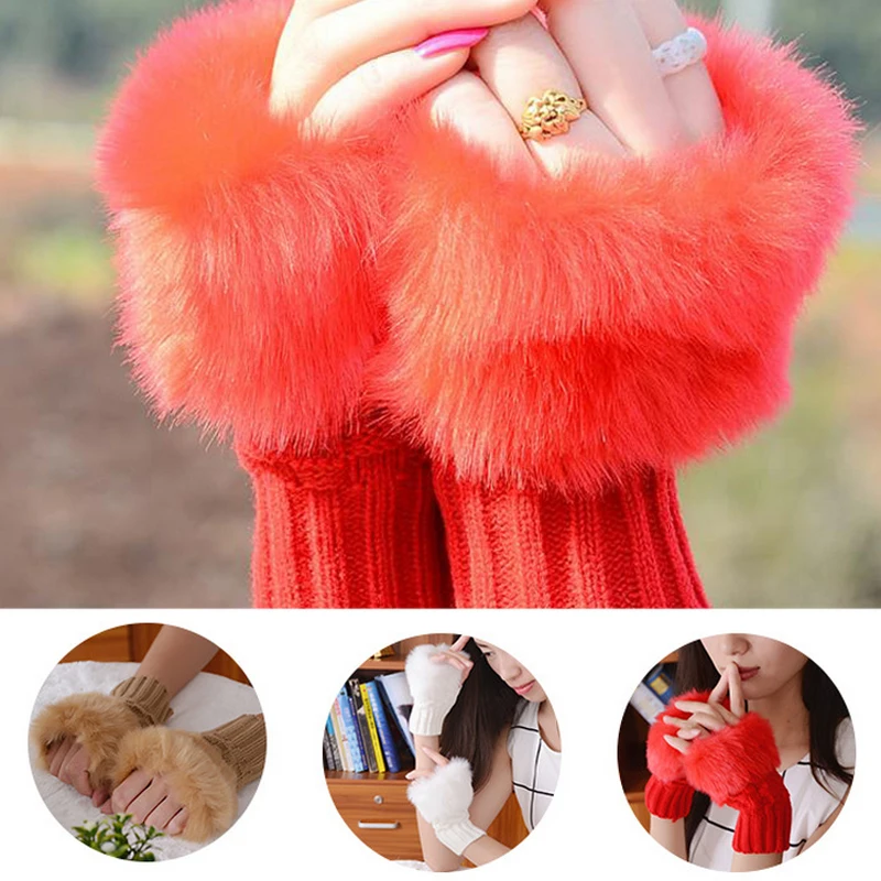 Зимние женские перчатки без пальцев Плюшевые Вязаные Шерстяные Перчатки из
