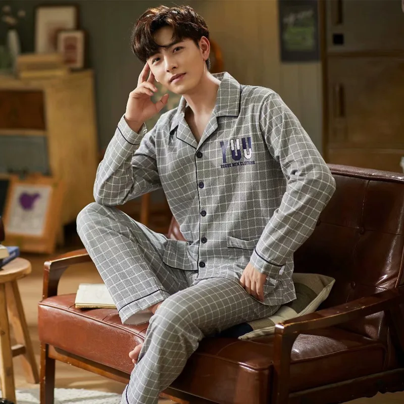 Cotton Mens Pajamas Long-Sleeved Men Pajamas Cotton Thin Section Green Middle-aged Spring and Autumn Homewear Set