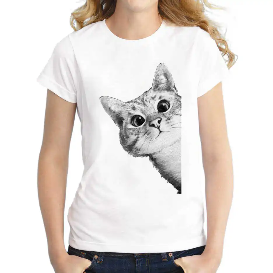 

New Fashion Neaky Cat Design Women T-Shirt Short Sleeve Tops Novelty Cute Cat Printing Tee Shirts