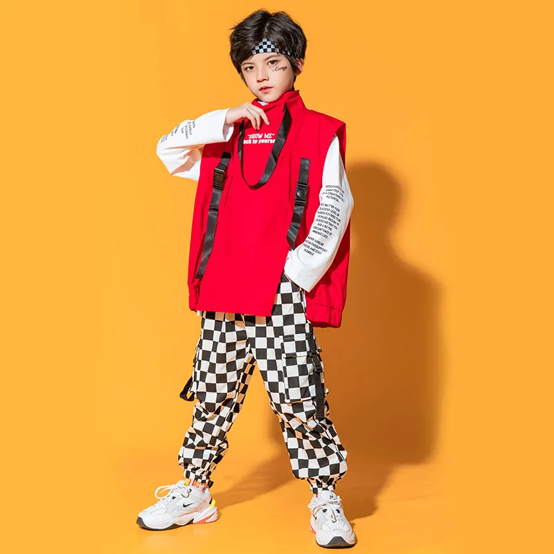 Kid Hip Hop Clothing Sleeveless Jacket Top Streetwear Checkered Tactical Cargo Jogger Pants for Girl Boy Dance Costume Clothes