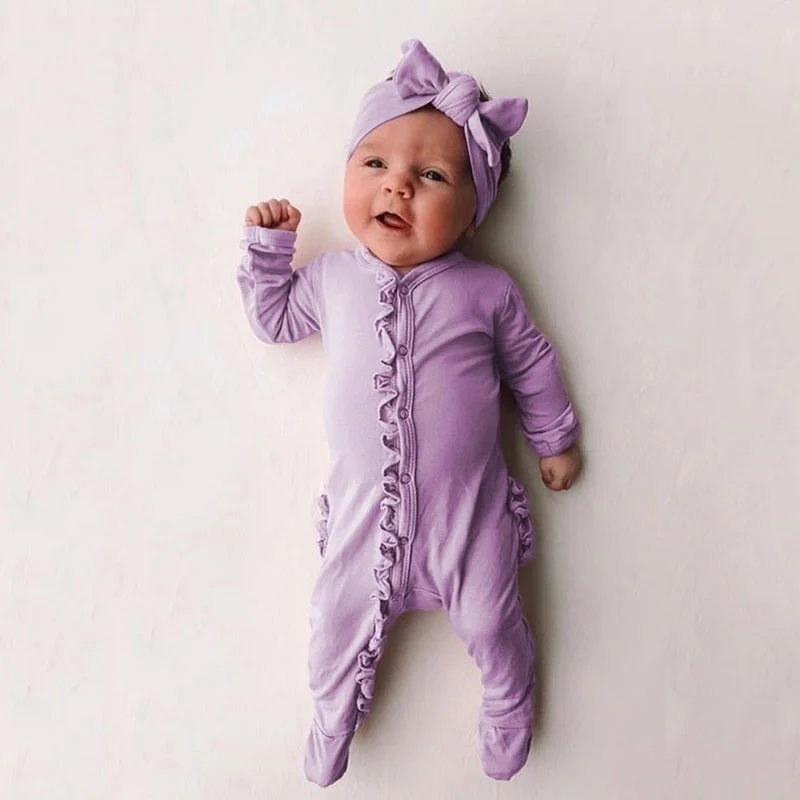 

2020 with Hairband Newborn Baby Girl Boy Cute Long Sleeve Sleepwear Rompers Solid Color Jumpsuit Clothes
