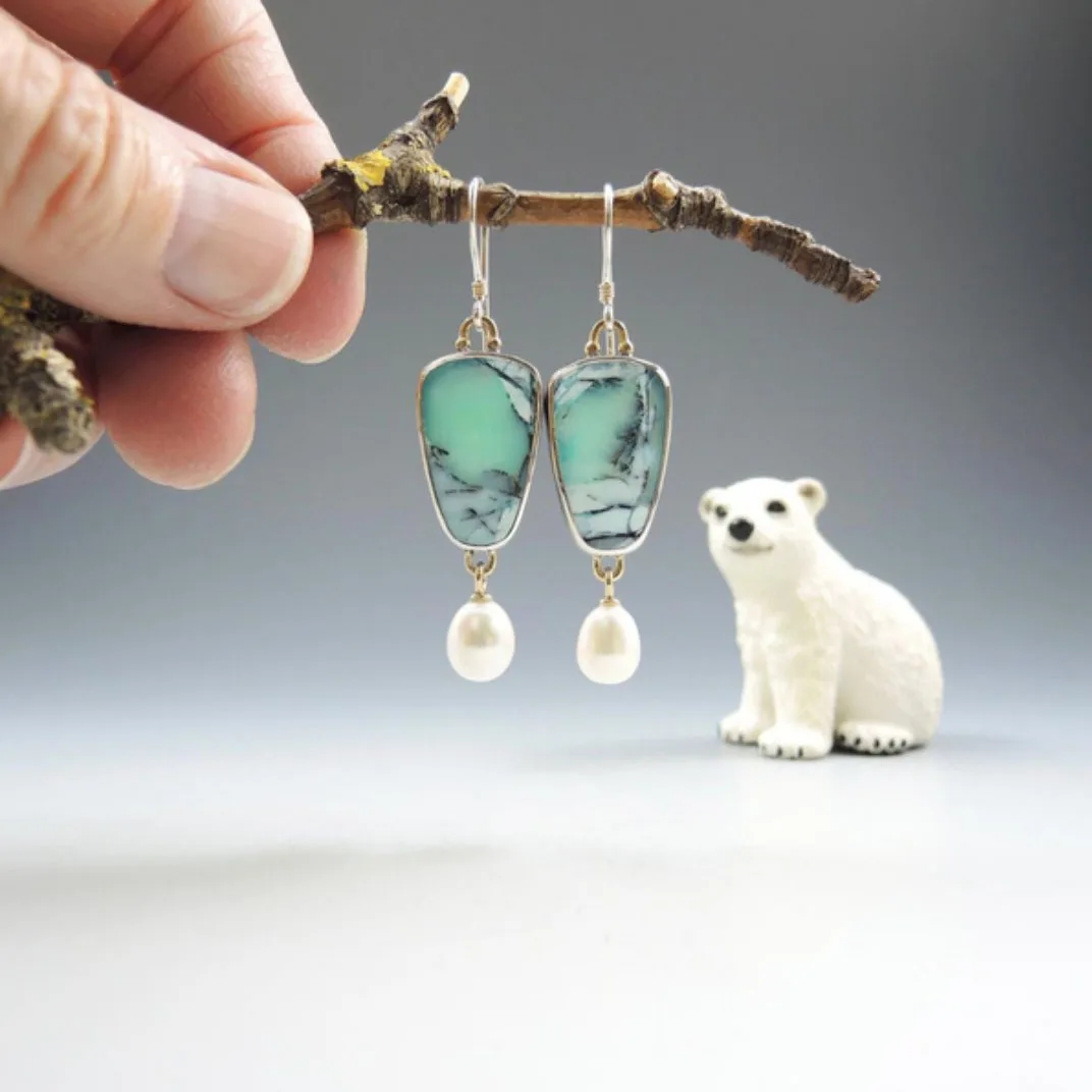 

Fashion Jewelry Green Resin Brincos Dangle Earrings For Women Printing White Pearl Statement Long Drop Earring