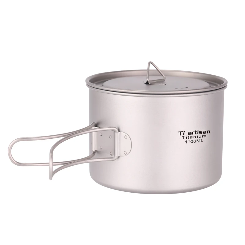 New Arrival Camping Pot with Foldable Handles and Lid Ultralight Titanium Cookware Pot 1100/900ml for Outdoor Camping Hiking BBQ