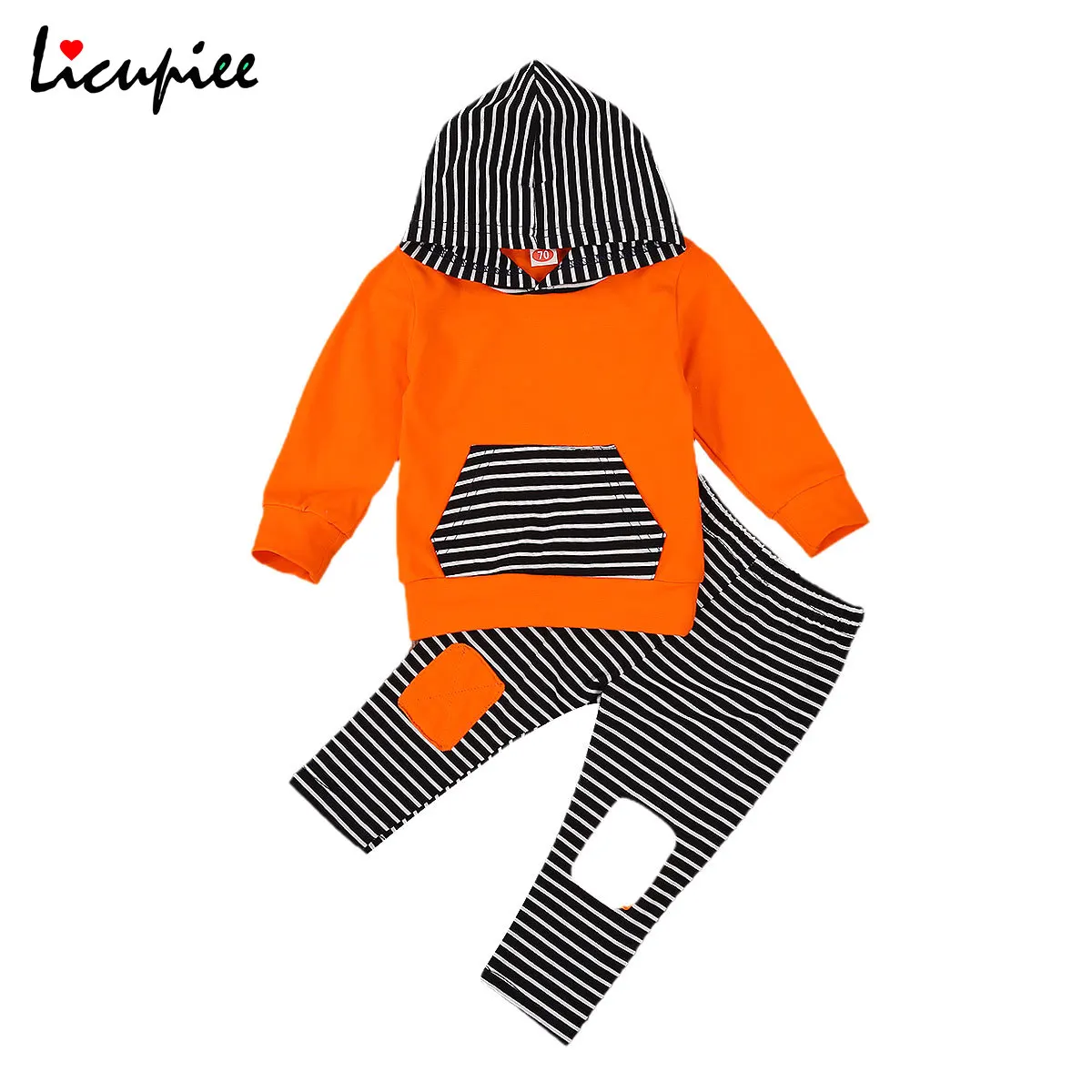 

Hooded Baby Boy Baby Fall Coat, Striped Pants Suit Elastic Waist V-neck Long Sleeve Hooded Front Pockets Top Trousers 0-24 Month