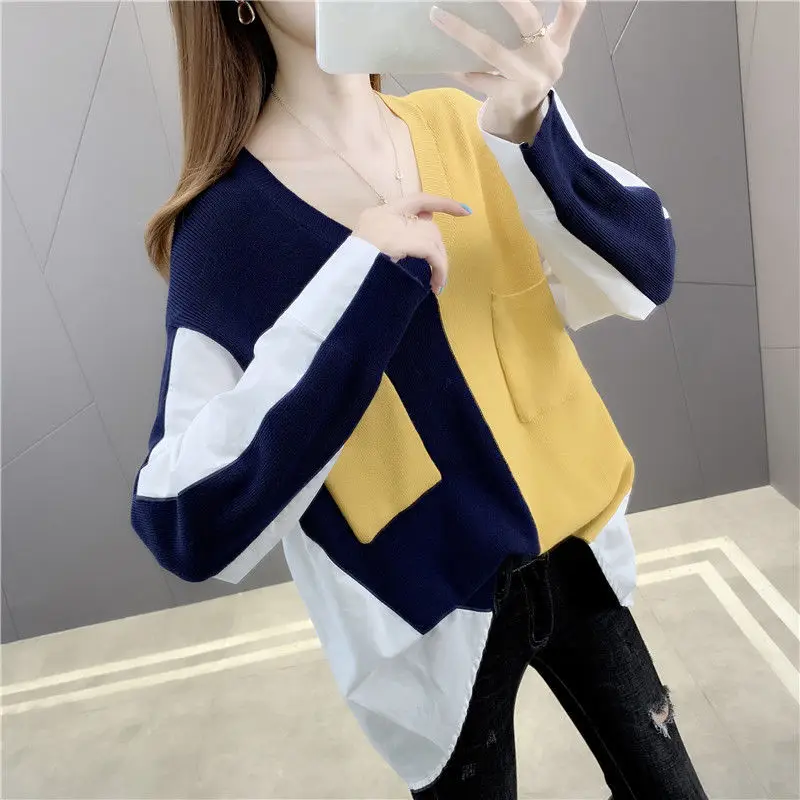 

Spring and summer new women's loose and fake two piece color matching shirt