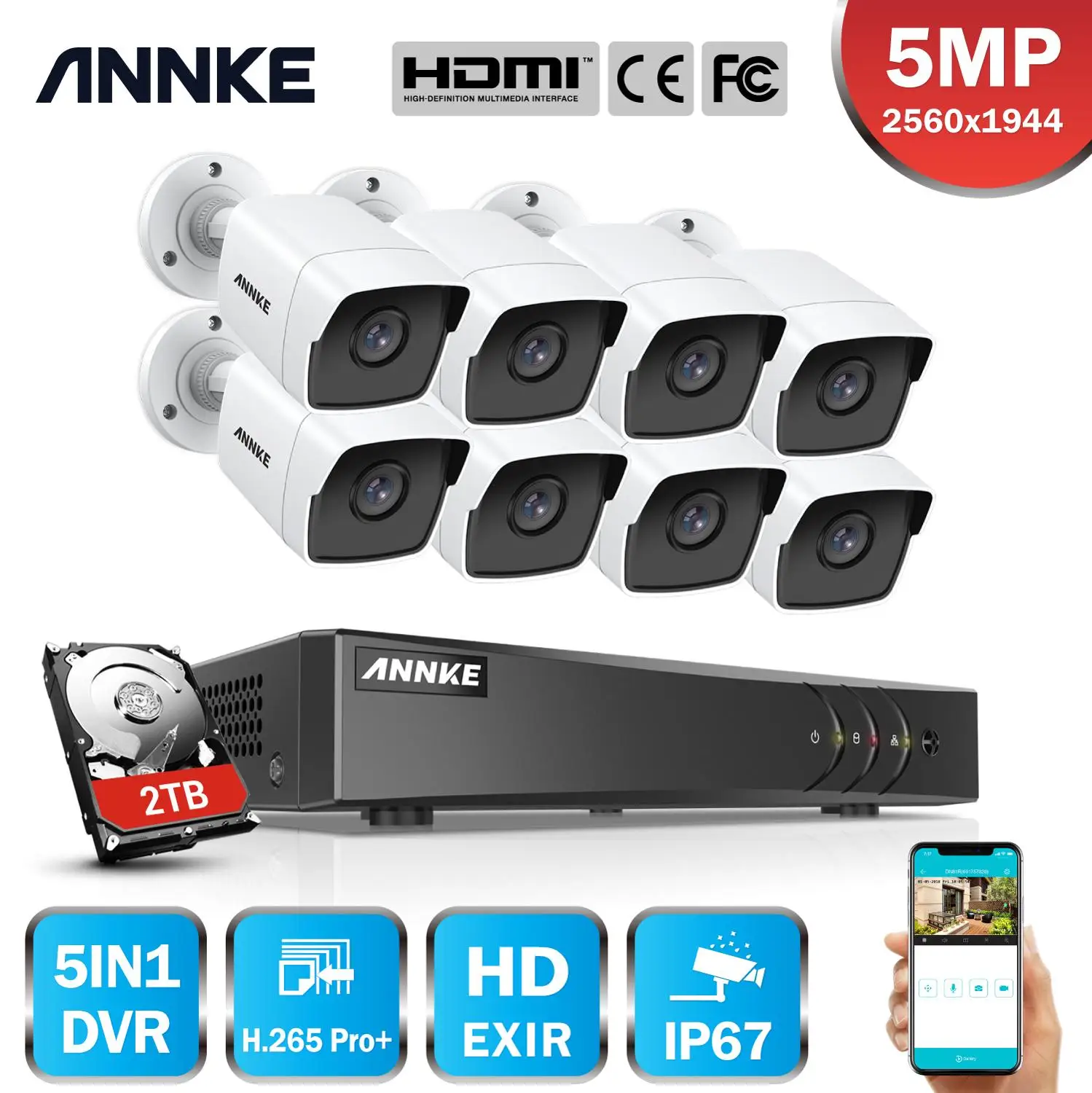 

Система видеонаблюдения ANNKE, 8 каналов, 5 Мп Lite, Ultra HD, H.265 + DVR, 8 всепогодных камер, 5 МП, TVI