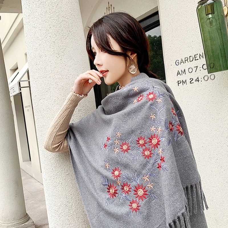 

2019 Autumn Winter Keep Warm Female Floral Scarf Women Cashmere Scarves Embroidery Long Shawl Wrap Blanket Thickening Tippet