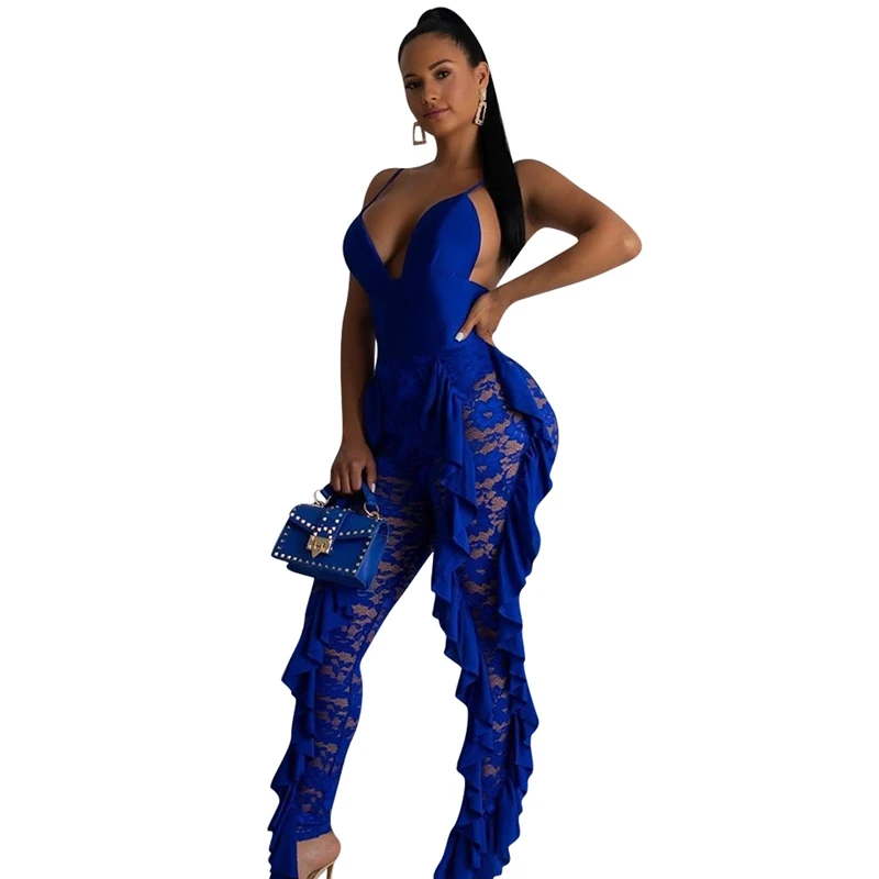 Сексуальный кружевной комбинезон с оборками Женский Облегающий Клубные брюки на