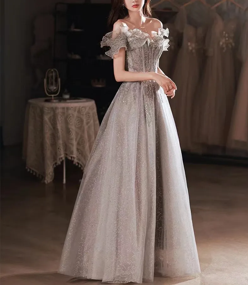 

Elegant Gray Flowers Evening dress Off Shoulder Shiny Sequin Lace A-line Ruched Lace up Woman Formal Party Prom Gowns 2022 New