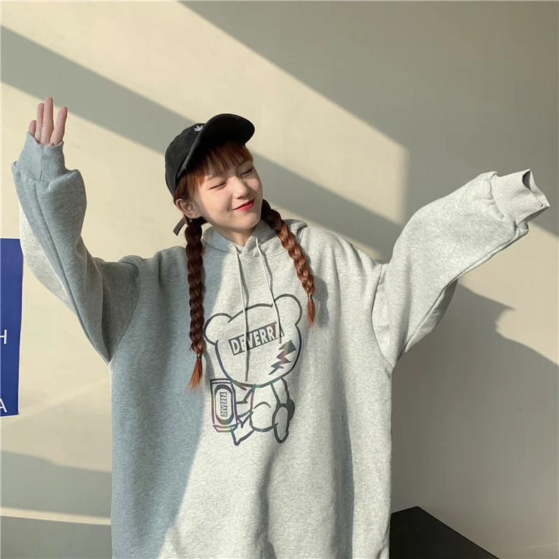 

Real Shot Reflective Bear Loose Hooded Sweater Korean Style Boyfriend