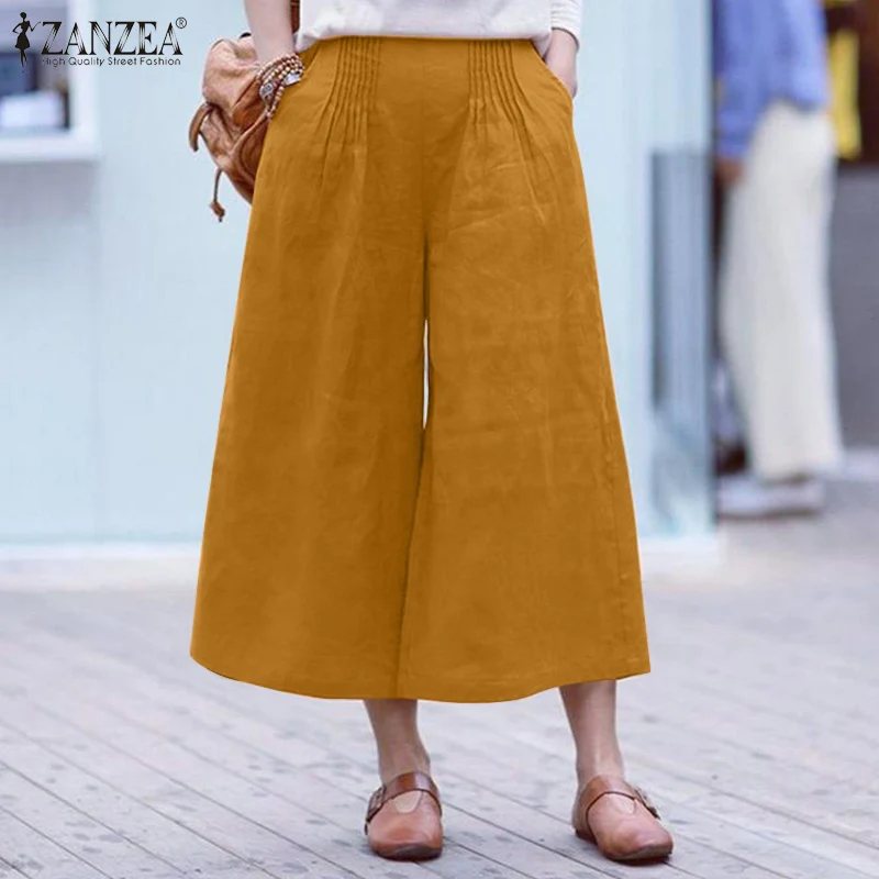 

2021 ZANZEA Vintage Women's Harajuku Pants Summe Cotton Linen Wide Leg Pant Casual Solid Elastic Waist Pockets Oversized Palazzo