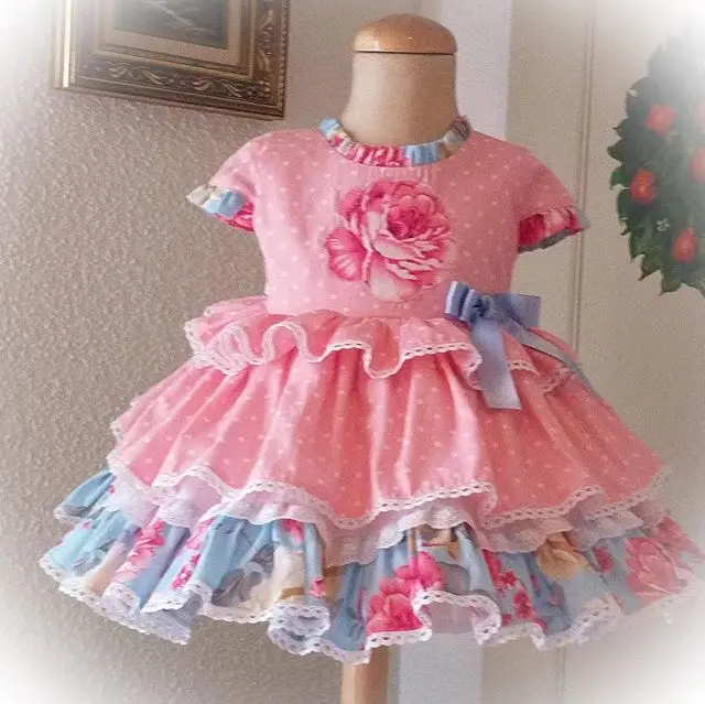 

Spain Custom Flowers Pattern Wedding Children Day Dress Four Seasons Princess Dress Short-Sleeve Dress Kids Dresses for Girls