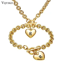 fashion woman letter a z engrave heart jewelry set gold color stainless steel oval rolo chain necklace bracelet sets for women