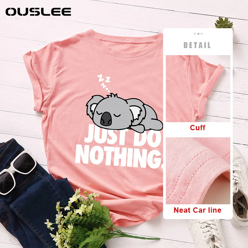 

Ouslee Women 100% Cotton T shirt Short Sleeve Plus Size S-5XL Oversize Lazy Sleep Koala Print Casual T-shirt O Neck Lady Tee Top