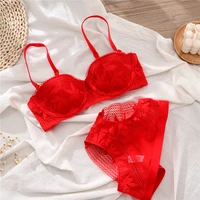 sexy and elegant langerie cojunto lace half cup bralette thin comfortable intimates female big breasts show small bra set