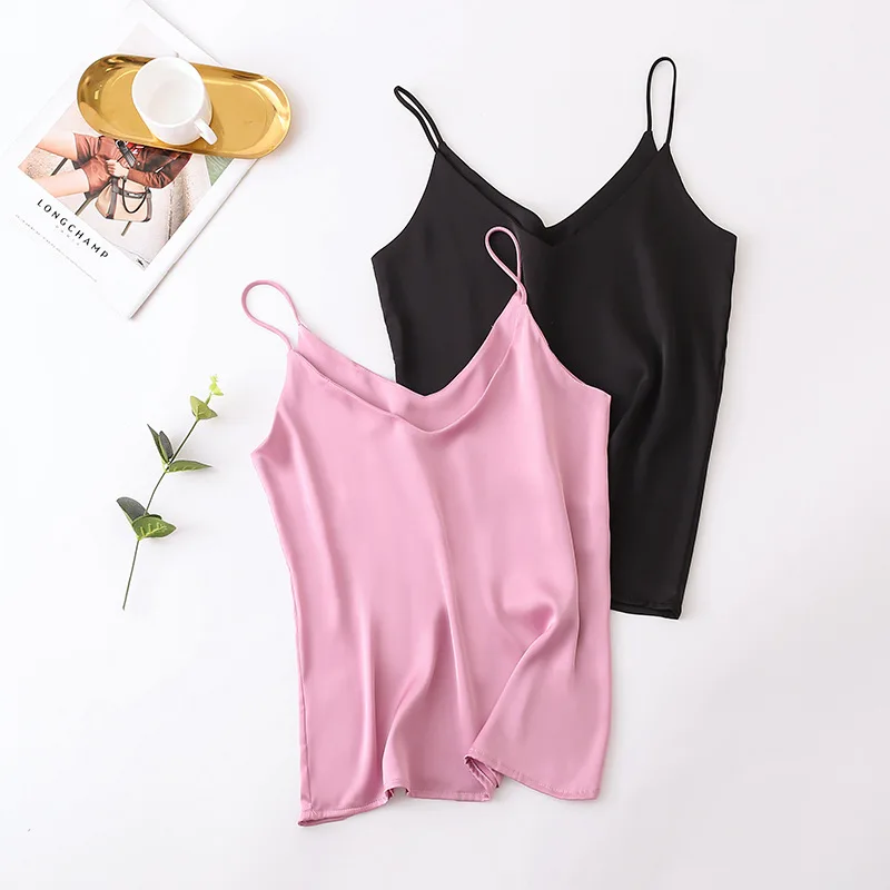 

2021 Summer Sexy Tops Women Casual Halter V-Neck Basic Sleeveless Satin Silk Tank Tops Plus Size Camisole Female