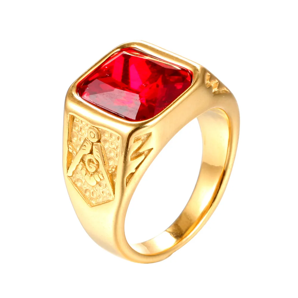 Gold red Мужской высокое качество мужские цвета: золотистый, серебристый AAA+ Циркон масон, Масонство масонское кольцо Нержавеющая сталь группа каменное кольцо для мужчин - Цвет основного камня: Gold red
