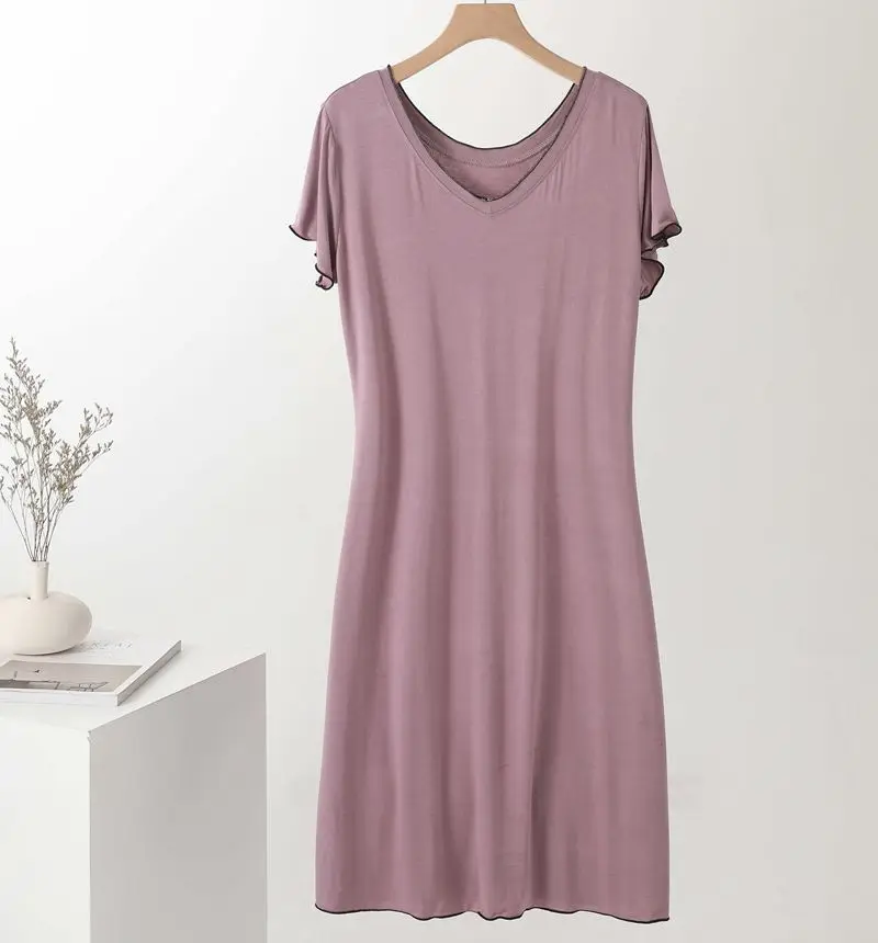 Summer New Modal Nightdress Women's Korean V-neck Short Sleeve Solid Slim Dress Medium Length Nightgowns Homewear Sleepwear