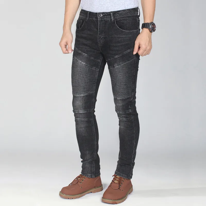 MORUANCLE Для Мужчин's плиссированные джинсы для байкеров Марка NEW Fashion Hi Street в байкерском стиле джинсовые брюки прямые Fit черный Размеры 28-36 уличной моды