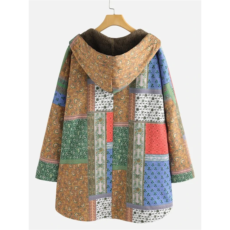 

2021 Cotton Jacket Women New Autumn Winter Plus Size Loose Hooded Top Yellow Purple Green Fashion Thick Warm Printing Coat GH647