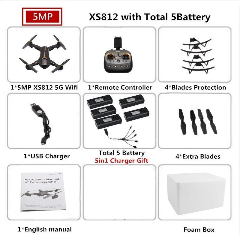 5 Foam Box 5MP VISUO XS812 Радиоуправляемый Дрон 4K gps Дроны с 5G WiFI FPV камера Вертолет следим за мной складной Квадрокоптер VS F11 SG906 - Цвет: 5 Foam Box 5MP