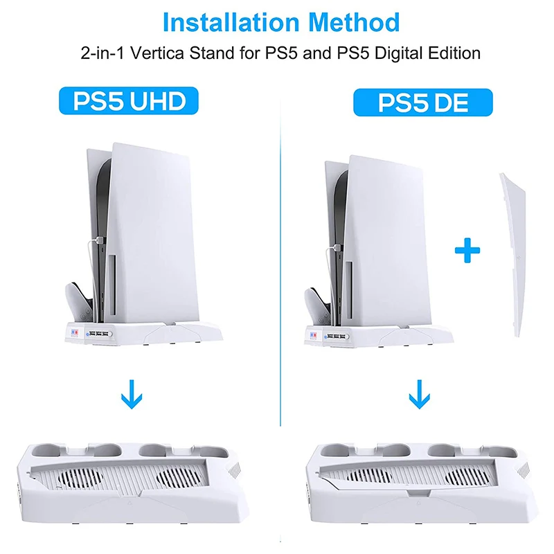 

Vertical Stand with Cooling Fan Compatible with PS5 Console Charging Station Dock with Dual Controller Charger Port EM88