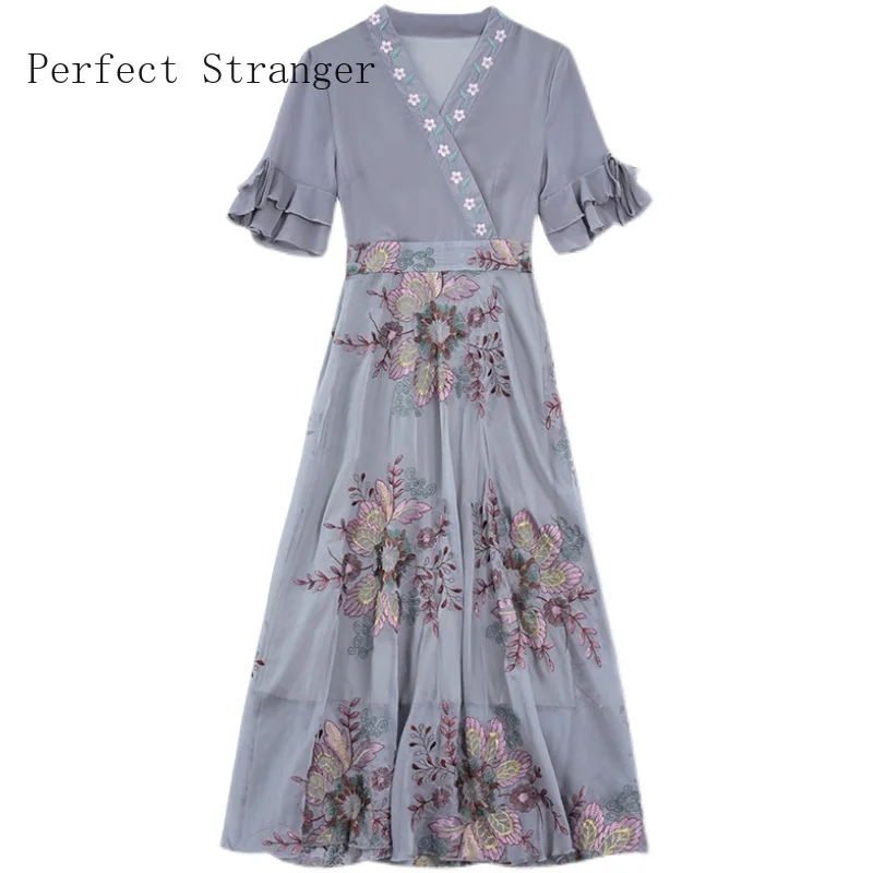 

High Quality 2021 Summer Dress For Women V Collar Floral Printed Short Sleeve Women Chiffon Long Dress Plus SIe