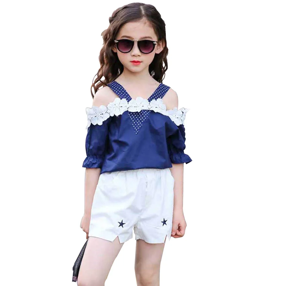 Детская одежда кружевная рубашка с цветочным принтом и шорты 2 шт. для девочек