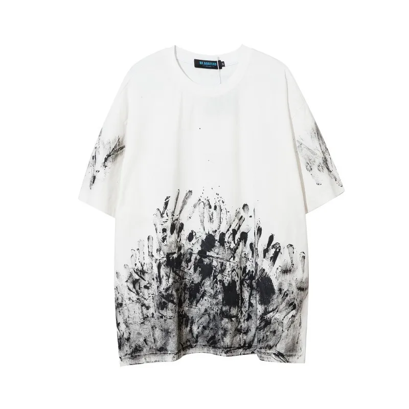 

Hip Hop Loose T-Shirt Men 2021 Summer Streetwear Graffiti Printing Tshirts Harajuku T Shirt Black White Cotton Tees Tops WQ393