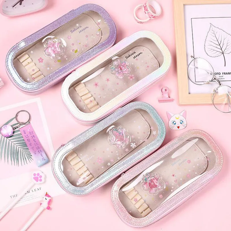 Кавайный чехол для карандаша и сверкающим узором сыпучего песка масла ПВХ пенал