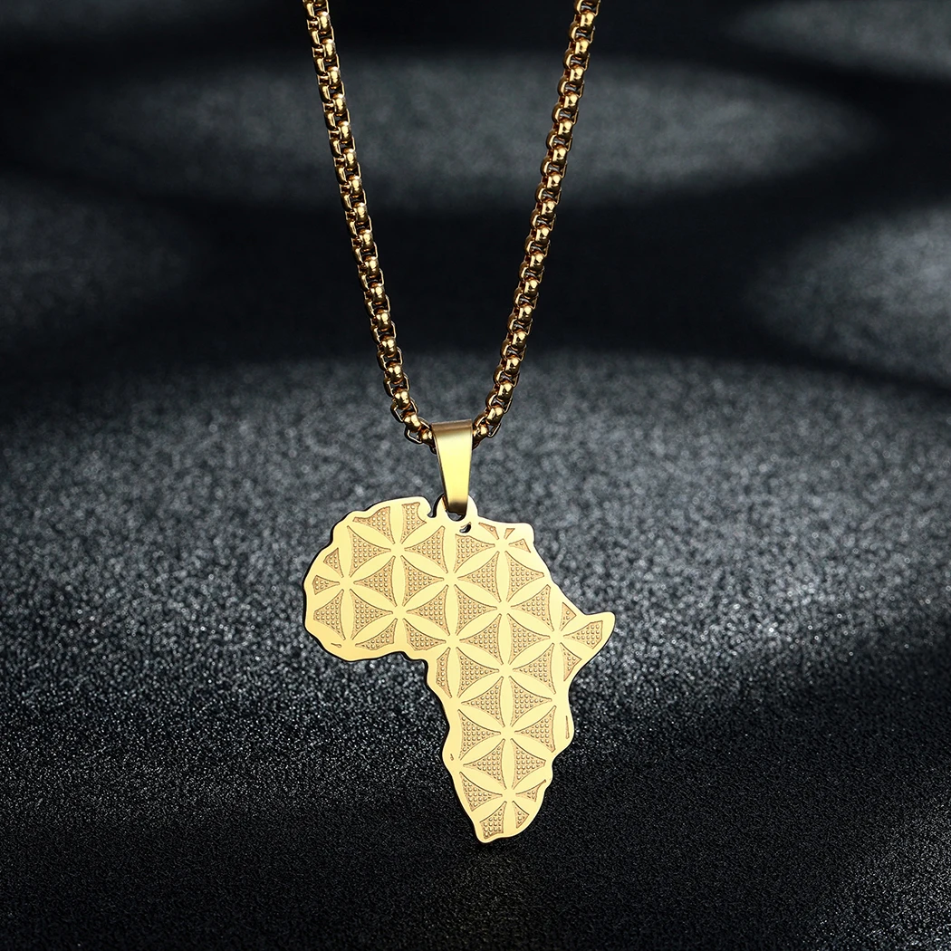 

CHENGXUN Viking Africa Map Flower of Life Pendant Necklace Men Women Stainless Steel Amulet Talisman Charm Chain Jewelry Gift