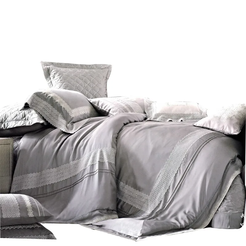 

Простой однотонный Комплект постельного белья Tencel, Комплект постельного белья из 10 предметов с кружевными краями