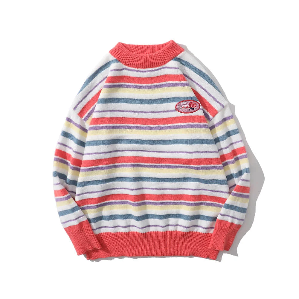 

Autumn Winter Men's Harajuku Sweaters Knitted Stripes Pullovers Casual Jumpers Color Matching Knitwear Unisex Clothing