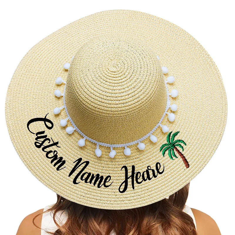 

Embroidery Personalized Custom Text Logo Your Name Coconut Tree Women Sun Hat Large Brim Straw Hat Outdoor Beach hat Pompon Hat