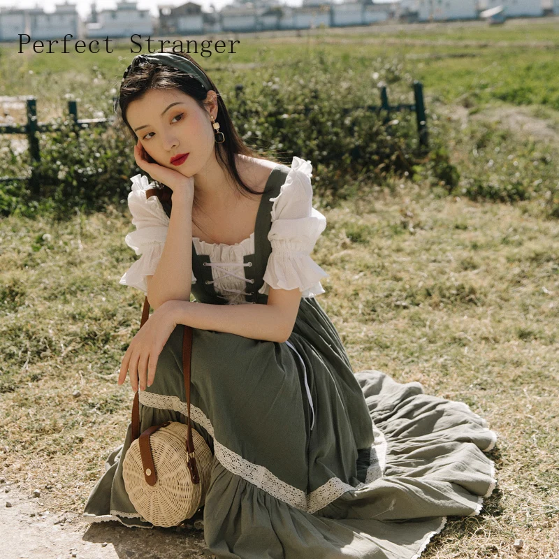 

2020 Summer New Arrival Retro Princess Style Square Collar Short Sleeve Women Long Dress