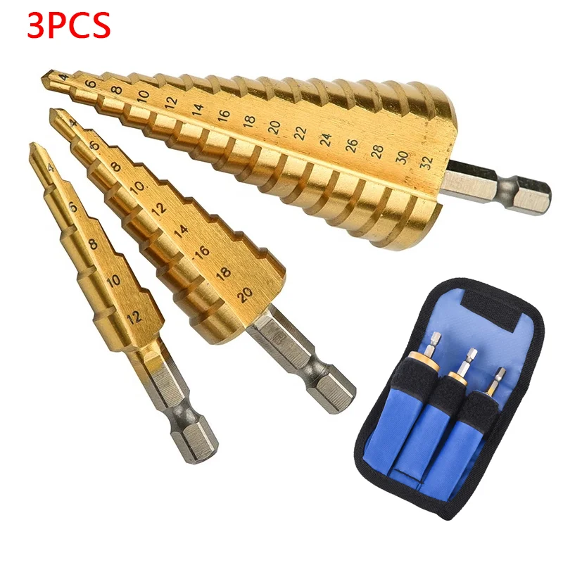 HSS Straight Groove Step Drill Bit Titanium Coated Wood Metal Hole Cutter Core Drilling Tools Set 4 Models 3-12 4-12 4-20 4-32 |