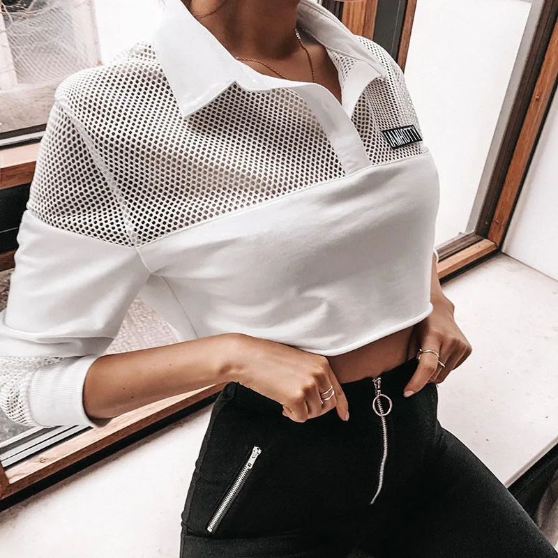 Сексуальные женские короткие топы сетчатые строчки мини-футболки с длинным