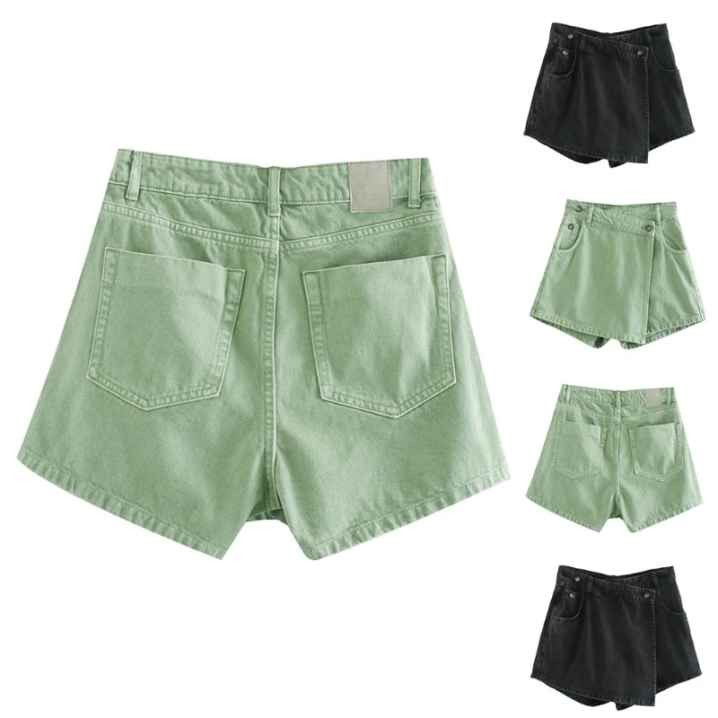 

Womens High Waist Asymmetric Style Denim Shorts Vintage Washed Solid Color Mini Jeans Wrap Skirt Irregular Slim Fit Skorts Pants