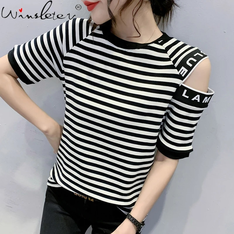 

Summer Korean Style Cotton T-Shirt Chic Stripe Women Tops Short Sleeve Sexy Hollow Out Print Letter All Match Tees 2021 T14008A