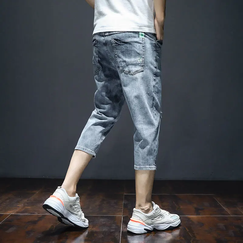 Korean Style Men Baggy Ripped Jeans Man Blue Straight Stretch Jean Calf-Length Pants Fashion Summer Distressed Short Denim
