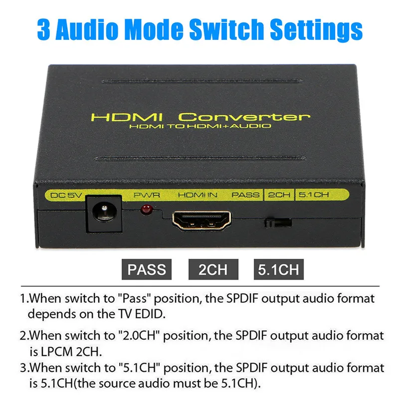 HDMI к оптический + SPDIF RCA L/R экстрактор конвертер аудио сплиттер адаптер 1080P AC