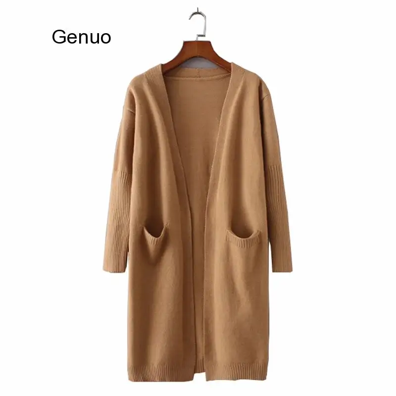 Длинный кашемировый женский кардиган цвета хаки однотонный вязаный свитер