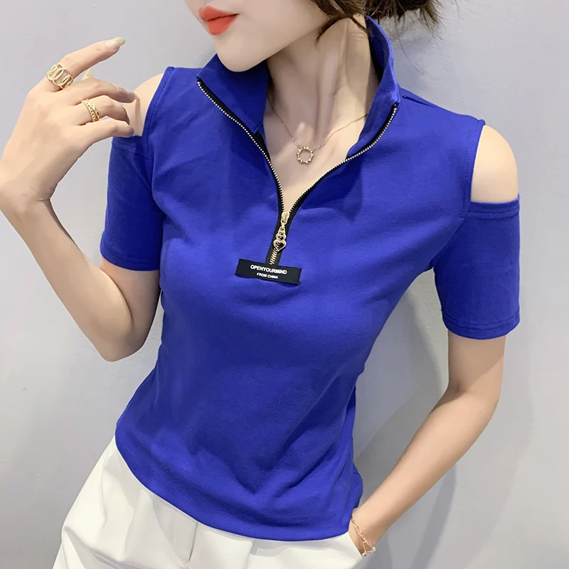 

Female T-shirt Fashion Stand Collar Zipper Striped Tops Slim-fit Sexy Off Shoulder Short Sleeve Summer T shirts Women Bottoming